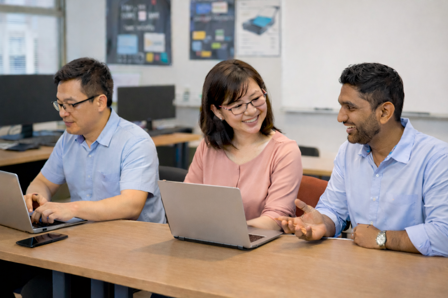 AI-generated image of three markers discussing about N(T)-Level Computer Applications practical